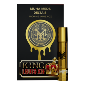 Muha Meds King Louis XII 1G cartridge with earthy pine and OG-inspired flavor profile