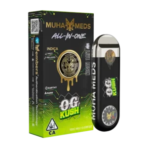 OG Kush cannabis strain flower with dense green buds and orange pistils