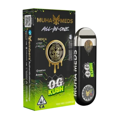 OG Kush cannabis strain flower with dense green buds and orange pistils